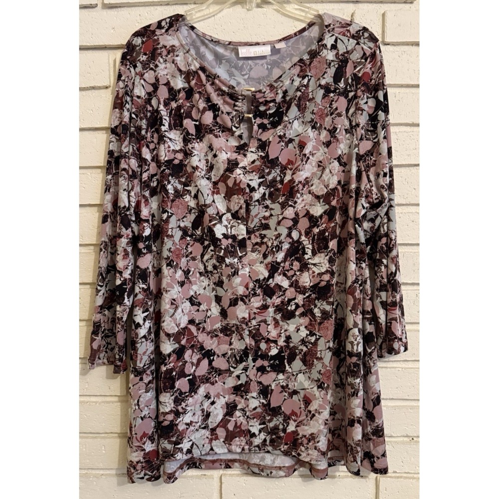Belle by Kim Gravel Purple Floral‎ Keyhole Neckline Top Size XL Long Sleeve